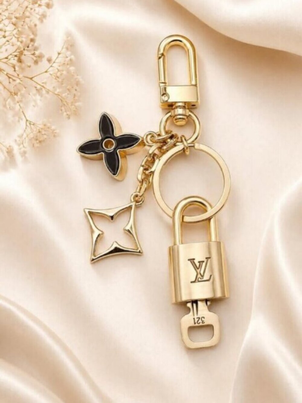Louis Vuitton Gold Padlock Key 🔒 Authentic LV Charm + Unbranded Flower Keychain